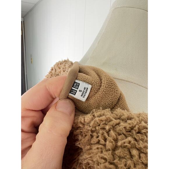 Uniqlo Tan Teddy Coat Womens Small Longline Fleece Sherpa Jacket No Collar - Picture 9 of 13